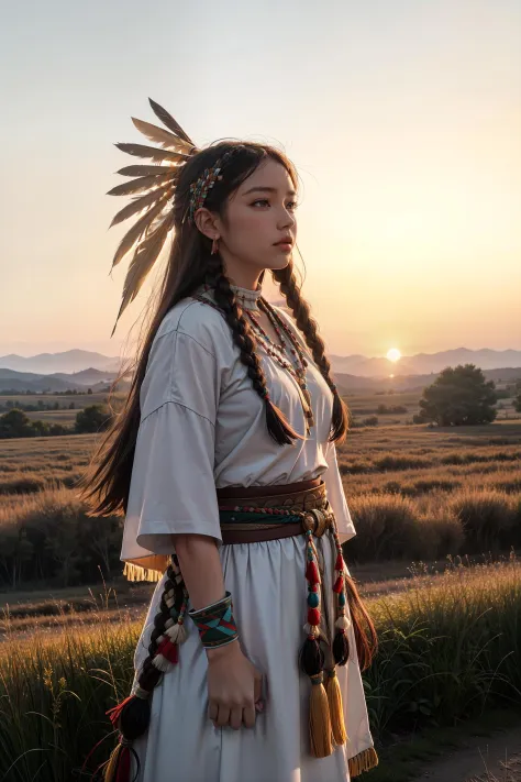 região selvagem, rural, ao ar livre,Natureza,Planícies,pôr do sol, pose dinâmica 1girl,Sozinho, americano nativo,Índio americano, roupa tradicional,enfeites de penas,tranças, cocar