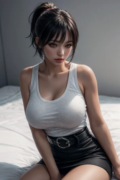 (ultra realistic,32k, masterpiece:1.2),(high detailed skin:1.1),( 8k uhd, dslr, high quality:1.1),
 1girl, black hair, ponytail and bangs,black Belted Skirt, white tank top,, , (red lips:0.8), (mascara:1.1),(huge breast:0.9),
(looking at viewer, sitting:1.1),
,(dynamic lighting:1.1),blank background