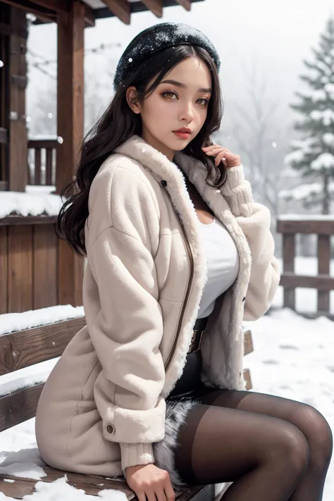 A mixed race adult woman wearing a faux fur trim jacket, long sleeves, pantyhose, natural makeup,
snow,
[analog photo, film grai...