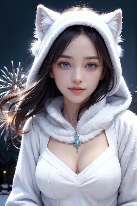extremely detailed up close photo of a beautiful polar faerie woman, with large beautiful icy blue eyes, wearing a white fur coa...