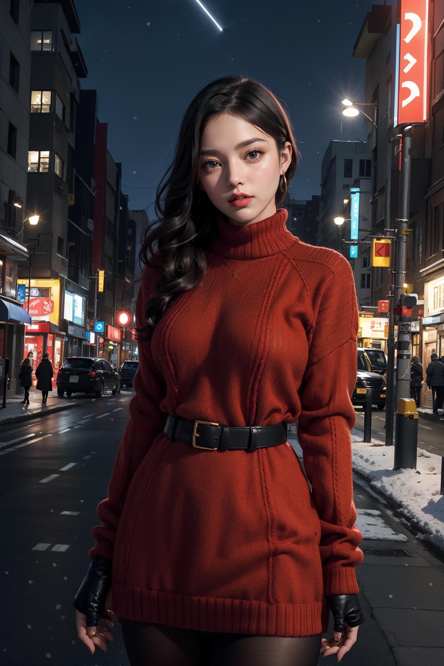 Arafed woman in a red sweater and black tights standing on a city street -  SeaArt AI