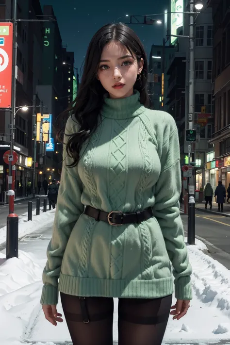 1girl,bbw,(adasweater,bright green sweater:1.2),turtleneck dress,harness,pantyhose,black gloves,belt,looking at viewer,on street...