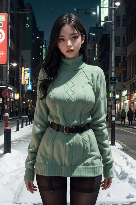 1 garota,BBW,(suéter adas,suéter verde-brilhante:1.2),vestido de gola alta,aproveitar,meia calça,luvas pretas,cinto,Olhando para o visualizador,na rua,noite,neve,