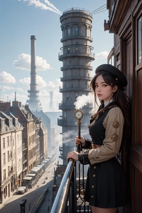 1girl, portrait,A sprawling city filled with Victorian architecture and clockwork towers, Airships float in the sky above, while...