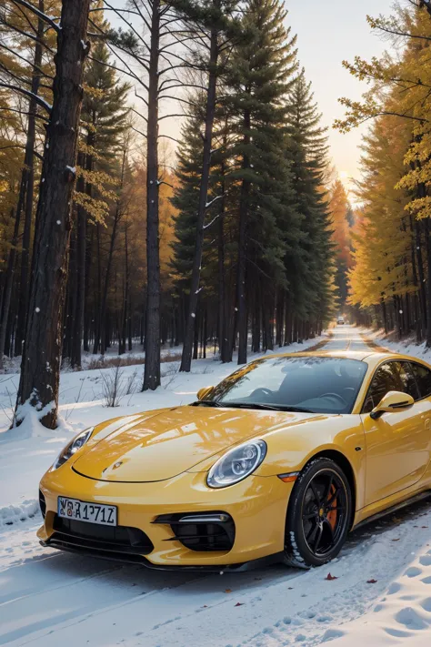 1girl standing next to a yellow Porsche,autumn forest, sunset, leaves falling, first snow,

