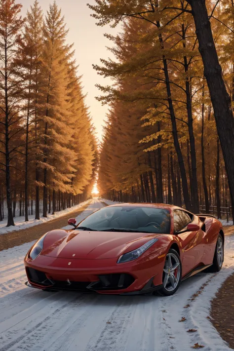 Ferrari,forêt d&#39;automne, coucher de soleil, les feuilles tombent, première neige,
