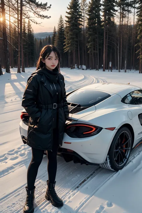1girl standing next to a McLaren,autumn forest, sunset, leaves falling, first snow,
