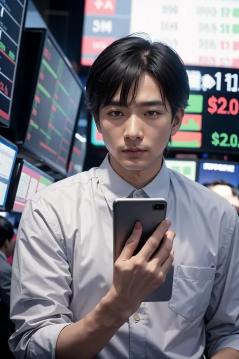asian mature males,operating phone,(stock market:1.2),stock exchange,bankruptcy,stock decline,(sad:1.2)