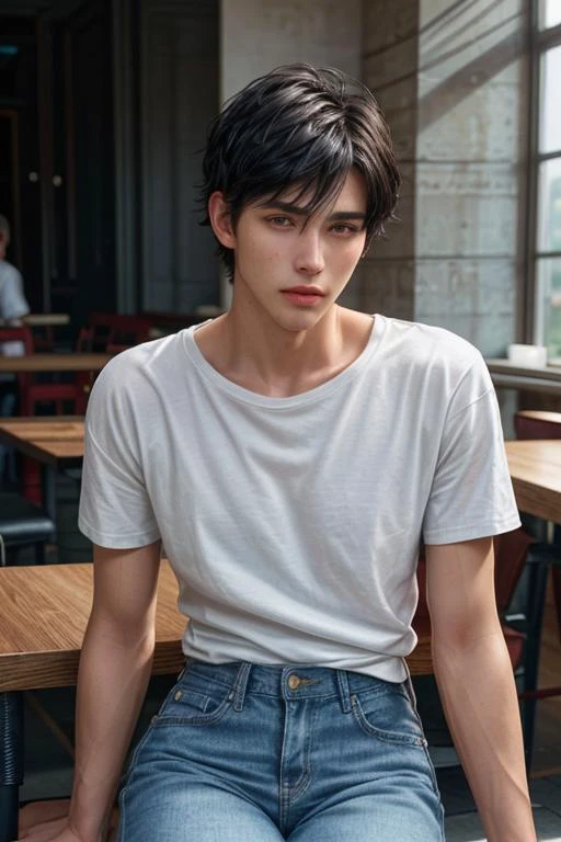 Un hombre joven, Alto, cuerpo atlético, piel blanca, caucasian, pelo negro corto, mandíbula cincelada, vistiendo camiseta de algodón blanca, pantalones vaqueros, sentado en una mesa en un café, parte superior del cuerpo, vista frontal, ((Fotorrealista))  epiCFoto  