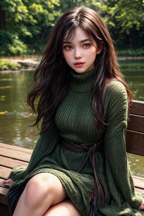 a young woman, slim, tall, dark long curly hair, green eyes, wearing oversized woollen dress, sitting on a wooden bench in a par...