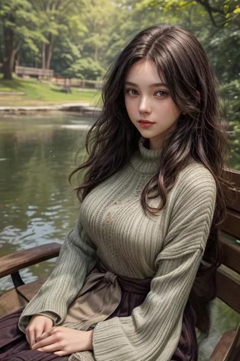 a young woman, slim, tall, dark long curly hair, green eyes, wearing oversized woollen dress, sitting on a wooden bench in a park next to a pond, bokeh background, upper body, close up shot, front view, photorealistic  <lora:more_details:0.8> <lora:looking_at_viewer:1> <lora:picxer_real:0.8>