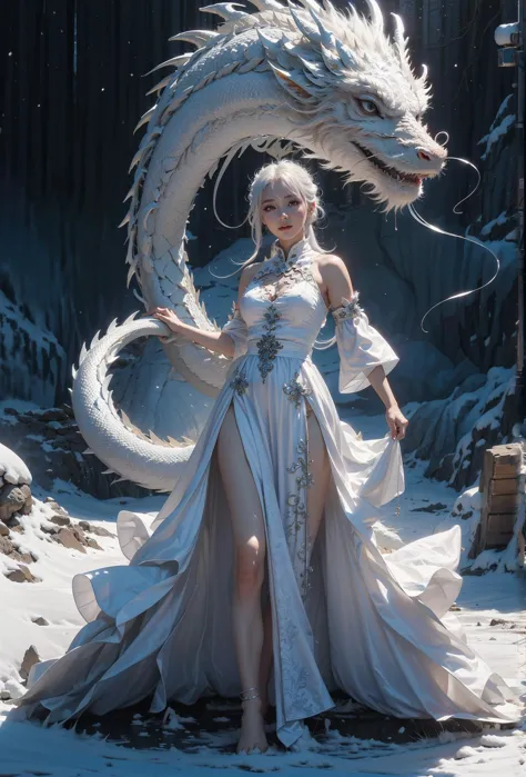 a woman in a white dress standing next to a dragon