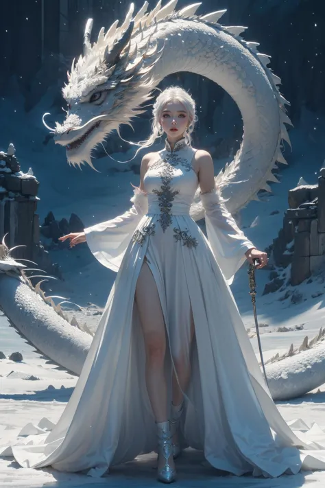 cowboy Shot of a woman in a white dress, photoreal elegant, fantasy character, snow glow, streaming on twitch, blinding white hair, stunning vfx, black swan dragon,Lunar New Year atmosphere,Dragon and girl,<lora:Dragon and girl_20240205103724-000018:0.6>,