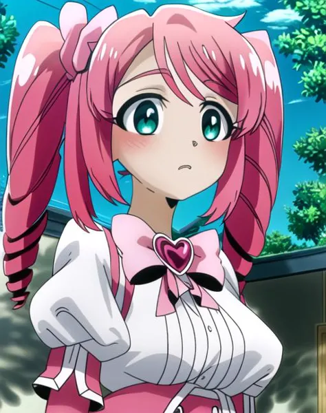 a close up of a person with pink hair and a pink dress