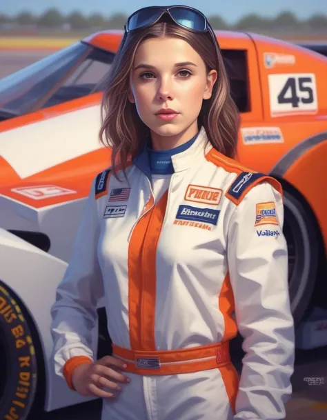 A painting of a woman in a racing suit standing next to a race car ...