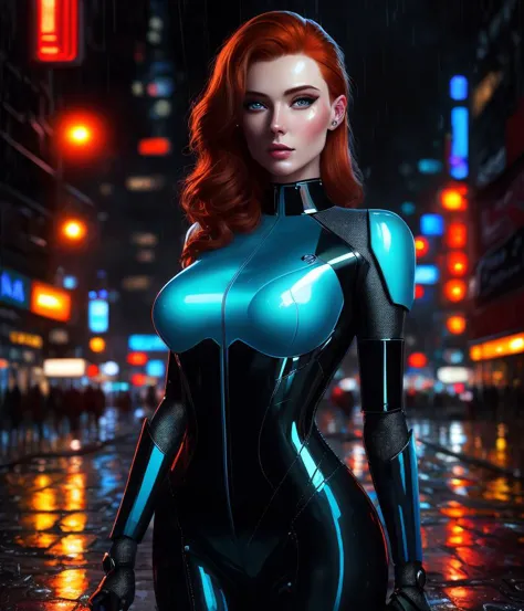 soft oil painting, full body, haggard french redhead, beautiful detailed face, detailed eyes, sexy police woman, robotic, reflections, dressed in a latex soft blue uniform, night time rainy street in a cyberpunk city, neon edge lighting, highly detailed,  professional, masterpiece,