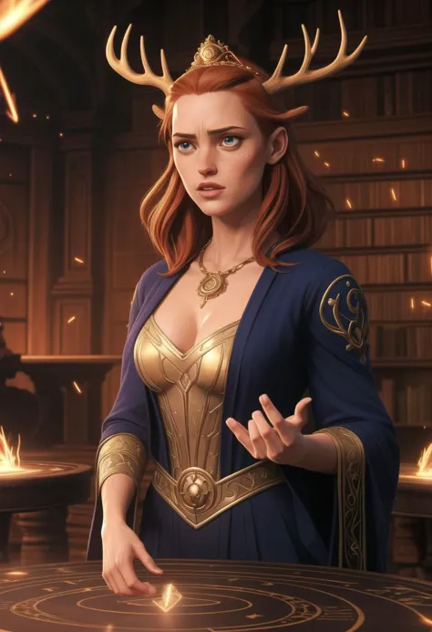 ((ultra intricate details, glossy, smooth, comic style, airbrushed)), ((dynamic action pose)), 1girl,  close up upper-body portrait, (a stunningly gorgeous worried ginger sorceress standing in a glowing runic summoning circle:1.3), freckles, detailed mesmerizing eyes, (ornate bejeweled gold crown with antlers:1.2), intricately embroidered luxurious robes, (arcane magical symbols:1.4), (fractals, swirling magical energies everywhere:1.4), Deborah Ann Woll|(Karen Gillan:0.7)|(Emma Watson:0.8), (in a dark arcane library:1.3), (glowing sparks:1.2)