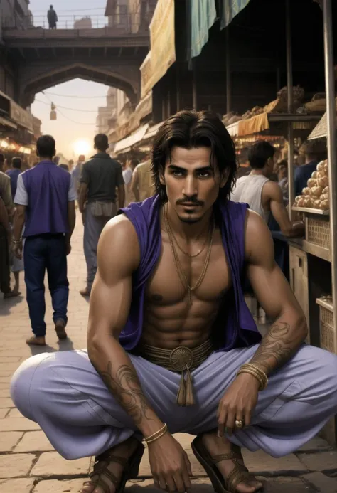 ((ultra intricate details, digital art style, airbrushed)), 1man, Arabian, Aladdin hiding in a crowded market, sunset, crouching...