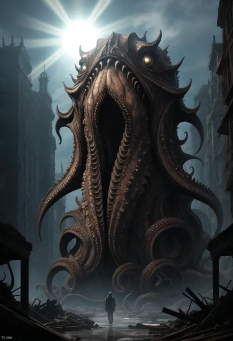 ((ultra intricate details, digital art style, airbrushed)),  (imposing evil cthulhu monster:1.2), squid face, smooth translucent skin, subsurface scattering, detailed pale eggshell sickly wet skin, tentacle fingers, ripped embroidered soiled robes of office, terrible, in a vast dark destroyed city street, ruined buildings, monsters everywhere, rubble, wrecks, post apocalyptic, regal, hideous, (backlit:1.3),