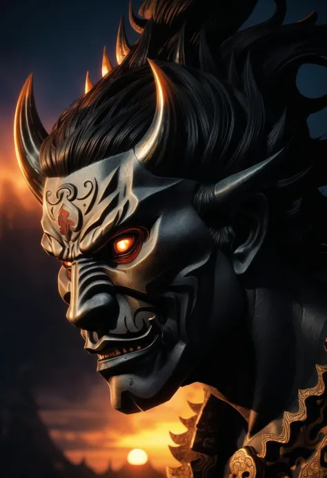 ((ultra intricate details, digital art style, airbrushed)), black hair flowing everywhere, (masked oni demon:1.2), (intricately carved oni mask, embossed, scroll work:1.2), (swirling movement, ebony with gold inlay), glowing coals for eyes, (close up portrait), depth of field, film grain, smooth, roughness, real life, (muted colors:1.2), (spiraling fractal smoke background, crimson sunset:1.3)