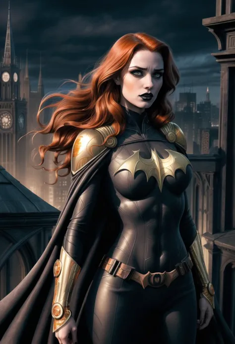 ((ultra intricate details, digital art style, airbrushed)), long wet wavy ginger hair, ((nubile toned superhero on a gothic cath...