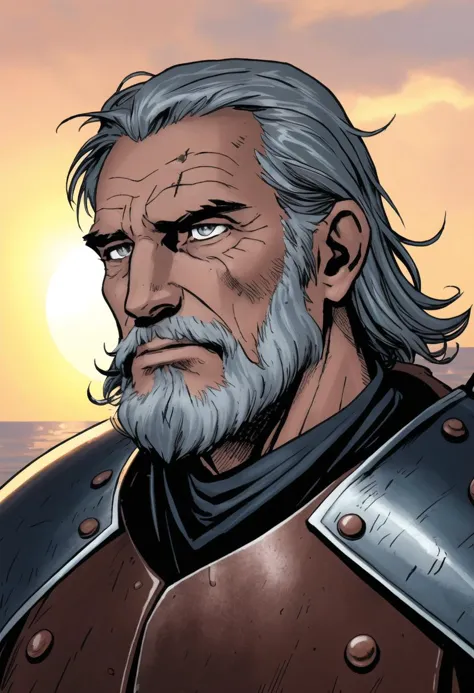 ((ultra detailed, glossy, smooth, comic style)), an old grizzled medieval viking warrior wearing leather armor, (close up portra...