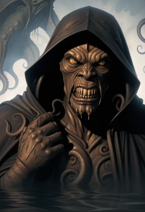 ((ultra intricate details, glossy, smooth, comic style, airbrushed)), (portrait of imposing evil cthulhu monster, monstrous eldrich horror, tattered filthy hooded robes, squid face, reflective eyes:1.4), terrible, in a vast dark destroyed medieval cathedral, crumbling stone work, rubble, (flooded:1.2), regal, hideous,