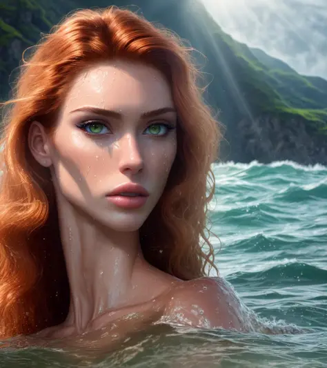 best quality++, masterpiece++, ultra realistic++, RAW, Analog, cinematic film still, gaunt face, high cheekbones, perfect medium breasts, huge nonhuman pale eyes++, naked full body shot of a sexy siren, toned body emerging from the water+, stormy sea, arched back, long wet wavy ginger hair, sweat, muted colors, god rays++, backlit, professional, deep shadows,