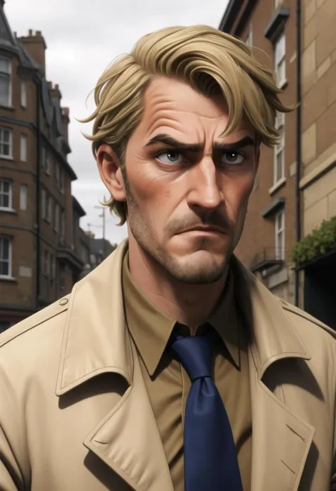 ((ultra intricate details, glossy, smooth, comic style, airbrushed)), ((body portrait, body shot)), John Constantine walking the...
