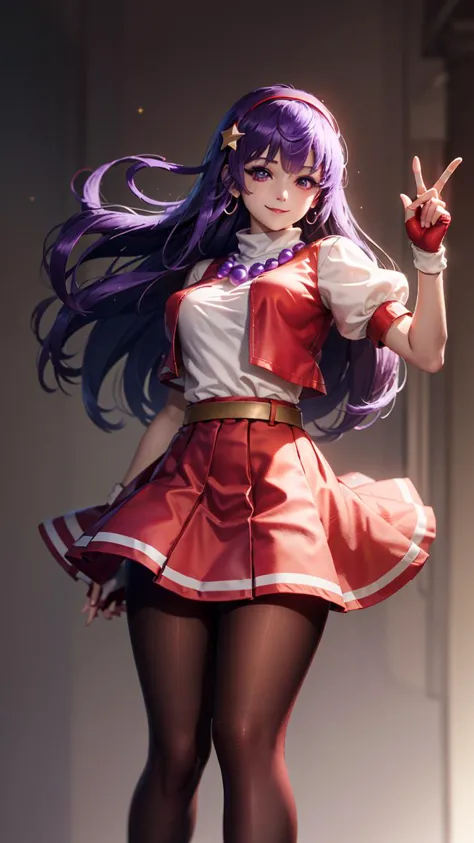 (masterpiece, best quality, beautiful, aesthetic, perfect, intricate, delicate, ultra detailed:1.2), vivid colors, colorful, bloom, athena97, happy, smile, looking at viewer, 1girl, solo, purple eyes, purple hair, long hair, white earrings, red hairband, star hair ornament, (curvy:1.1), large breasts, red vest, white turtleneck, white puffy sleeves, short sleeves, red pleated skirt, (deep red pantyhose:1.2), black pantyhose, yellow belt, purple sphere shape necklace, red fingerless gloves, white short socks, red shoes,