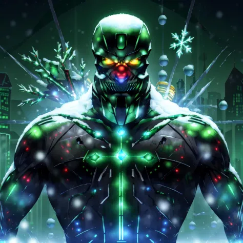 <lora:aioverlord:1> aioverlord, a machine that hates christmas, green, holographic snow,