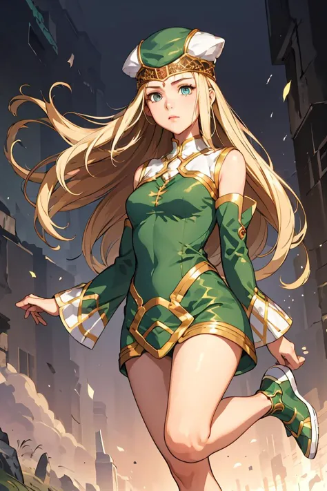 a woman in a green and gold outfit is walking through a city