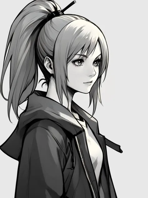 a drawing of a girl with ponytail hair and a hoodie