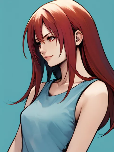 a close up of a woman with long red hair and a blue top