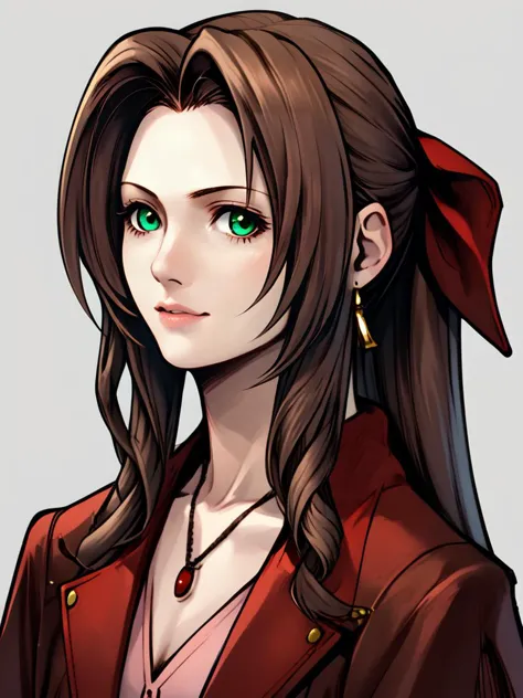 a woman with long hair and green eyes wearing a red jacket