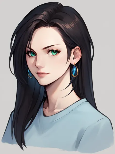 a drawing of a woman with long black hair and green eyes