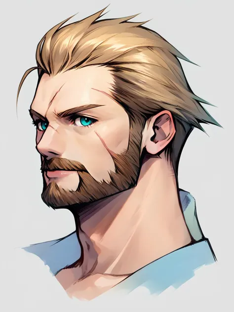 a drawing of a man with a beard and blue eyes