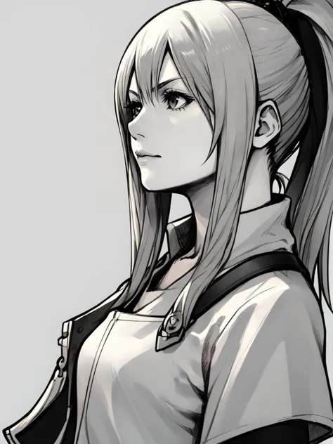 a drawing of a woman with long hair and a ponytail