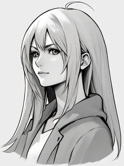 a drawing of a woman with long hair and a jacket