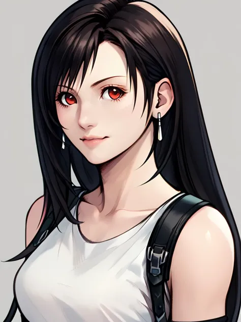 a woman with long black hair and red eyes wearing a white shirt