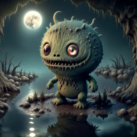 monstro do pântano fofo no pântano, água, lake as a monstro da lua, Horror,em (monstro da lua:1.05) estilo,