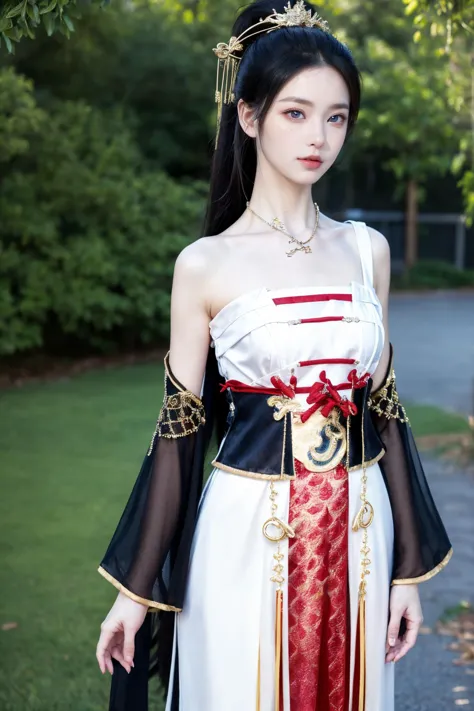 a woman in a white and red dress standing on a sidewalk