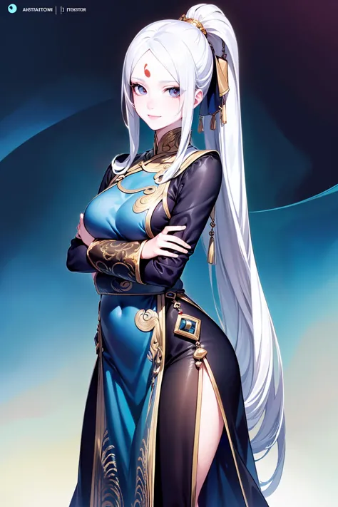 8k high quality detailed,highres,anime,comic,detailed image,
(an illustration of a teenage girl posing,(an illustration of girl,teenage girl)),(magazine_illustration),
(, longyan,white_hair,absurdly long hair,ponytail,forehead mark,pale skin,medium breasts),(Polite Smile),detailed_face,
((arms_up):0.8),
((, pashmina hijab):0.9),(,realistic clothing texture,realistic_skin_texture),<lora:longyan:0.55>,<lora:h_pashmina_V2:0.7>,<lora:more_details:0.2>