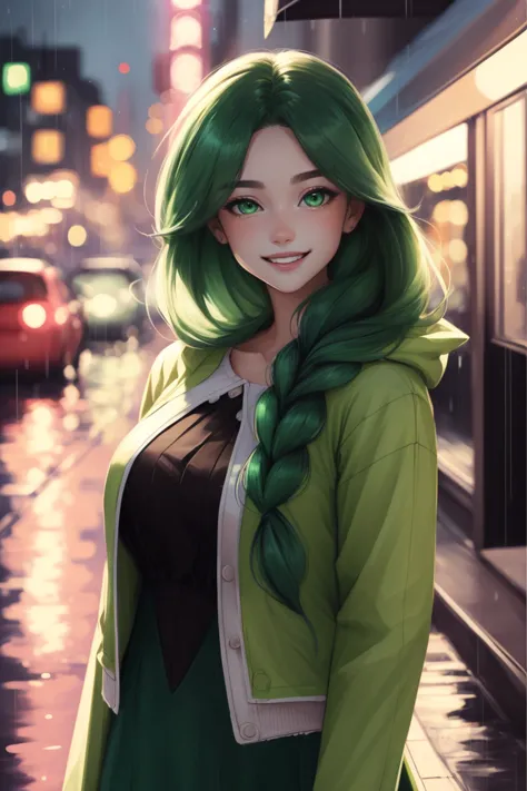 a woman with green hair and a green jacket standing in the rain