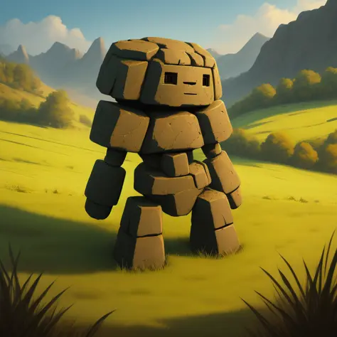 masterpiece, high res, detailed, facing viewer, full view, simple four legged stone golem, grass field