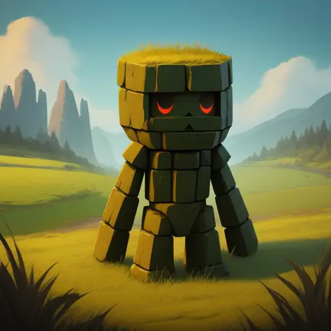 masterpiece, high res, detailed, facing viewer, full view, simple four legged stone golem, grass field