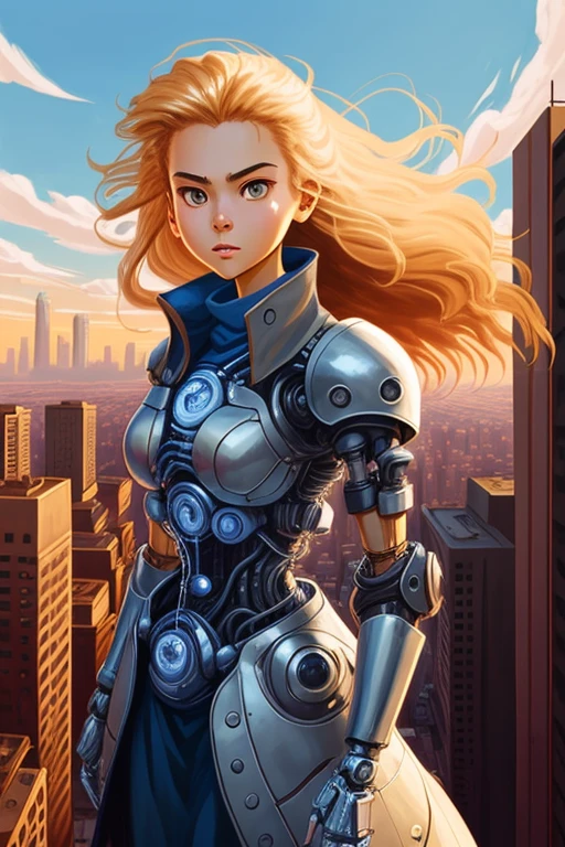 In the style of Hayao Miyazaki and J. Scott Campbell, create a portrait of a young (cybernetically-enhanced:1.2) girl, detailed face, perfect eye, perfect hands,  her hair and clothes flowing in the wind standing  on a rooftop, overlooking a bustling cyberpunk city, with airships and flying cars whizzing by in the background r