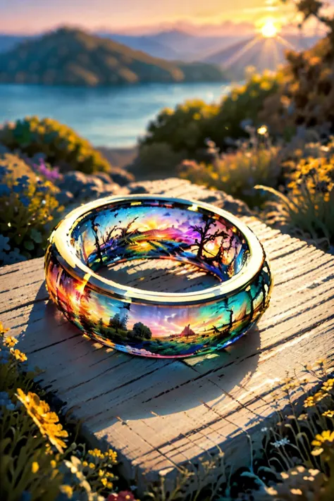 a close up of a colorful ring on a wooden surface