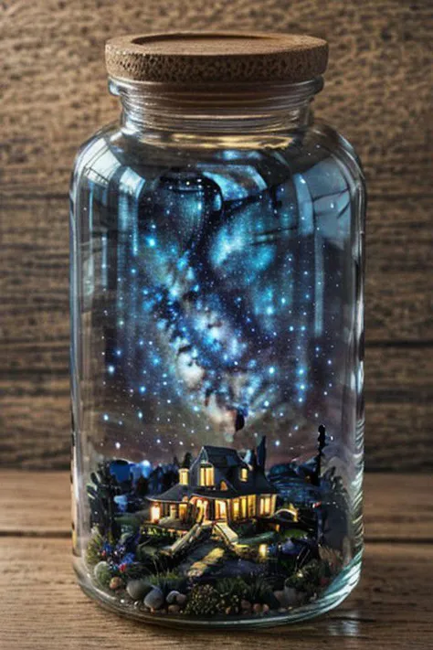 a glass jar with a house inside of it on a wooden table