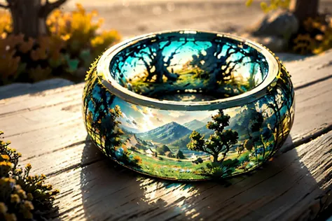 there is a glass bowl with a picture of a forest inside